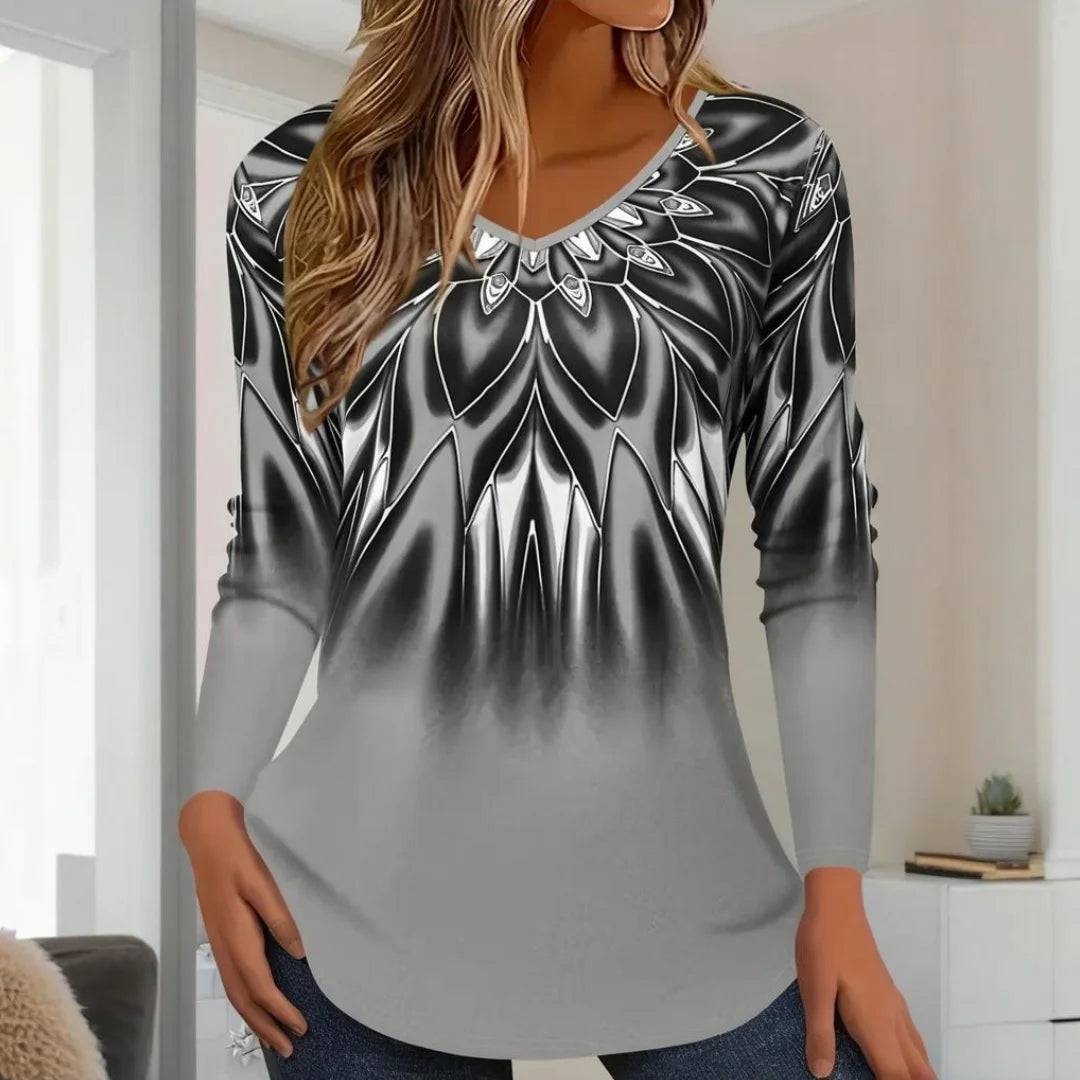 Vintage Striped Long Sleeves Tops for Women – All-Season Casual V-Neck Top, Slight Stretch Polyester Tee, Festival & Folk Style, True to Size