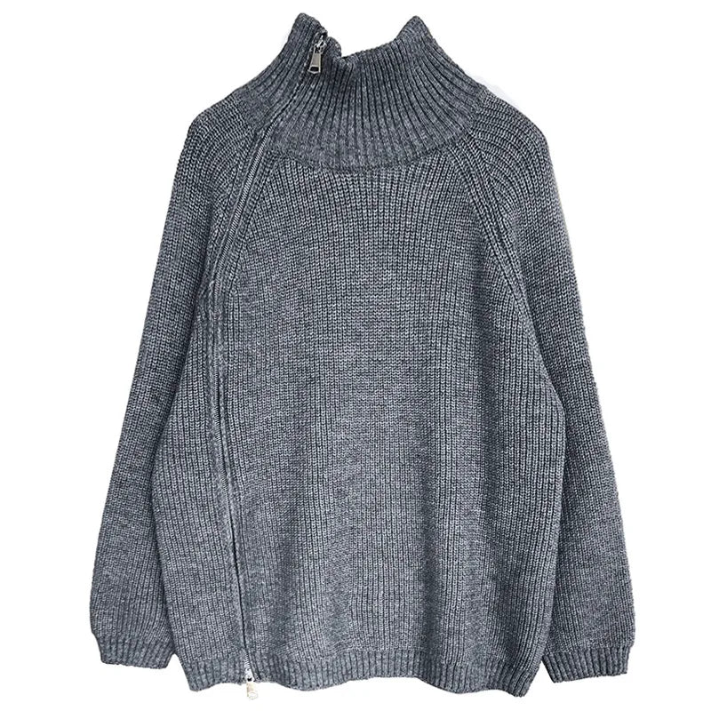 Zipper Solid Colour High-End Knitted Sweater - Loose Long-Sleeve Warm Outerwear Top for Fashion