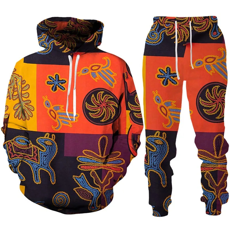 Ethnic Patterns 3D Print Tracksuit – Stylish Unisex Hoodie & Trousers Set [SELECTION]