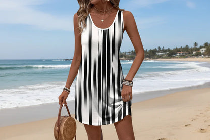 Starlight Geometric Summer Dresses for Women – Sleeveless O-Neck Knee-Length Casual Floral Print Polyester Dress – Loose Fit, Slight Stretch, Perfect for Beach & Vacation (S-XXXL)