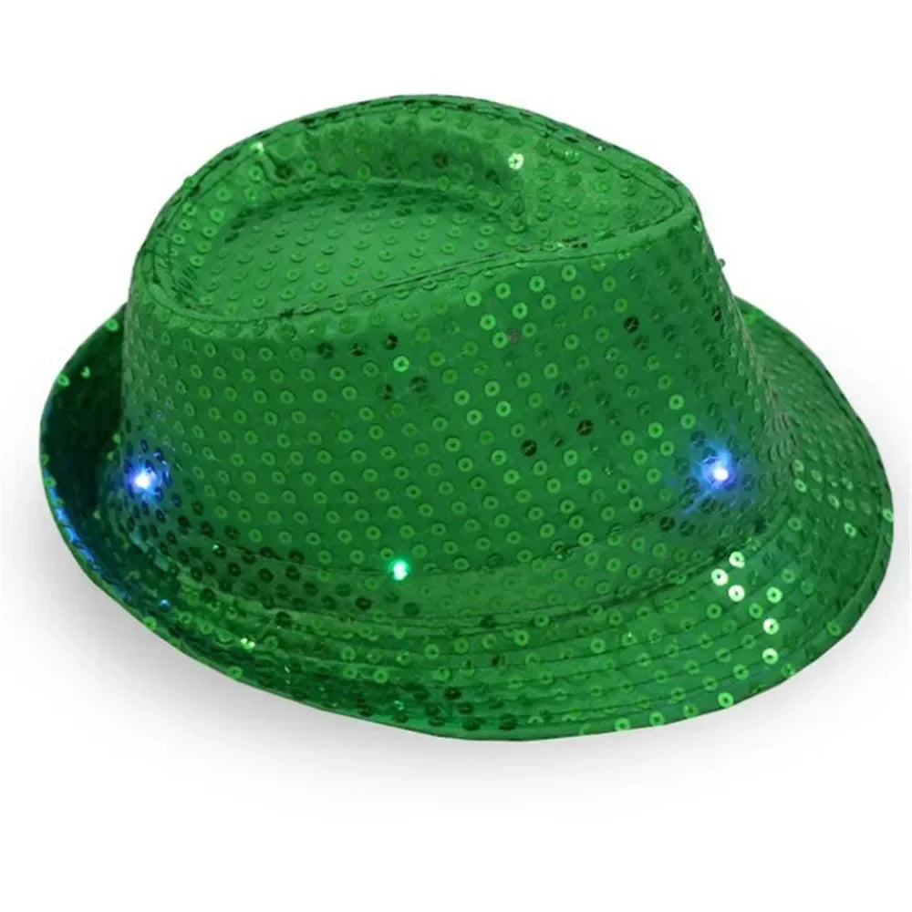 LED Sequin Fedora Hat & Glowing Necktie Set – Light-Up Festival & Party Accessories for Kids & Adults