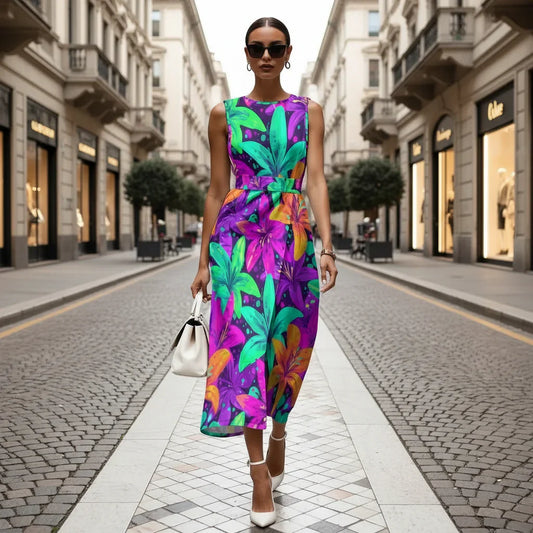 Woman in a colorful floral dress walking on a city street with cherry blossom trees in the background.