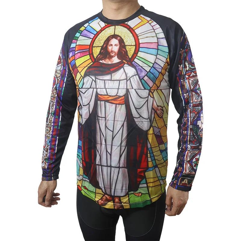 Religious Cycling Jersey – Stained Glass Jesus & Virgin Mary Long Sleeve MTB Bike Shirt for Men & Women | Breathable, Quick-Dry, Unisex Church Wear for Mountain Biking & Road Cycling
