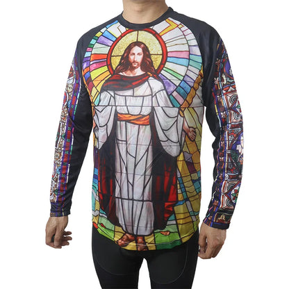 Religious Cycling Jersey – Stained Glass Jesus & Virgin Mary Long Sleeve MTB Bike Shirt for Men & Women | Breathable, Quick-Dry, Unisex Church Wear for Mountain Biking & Road Cycling