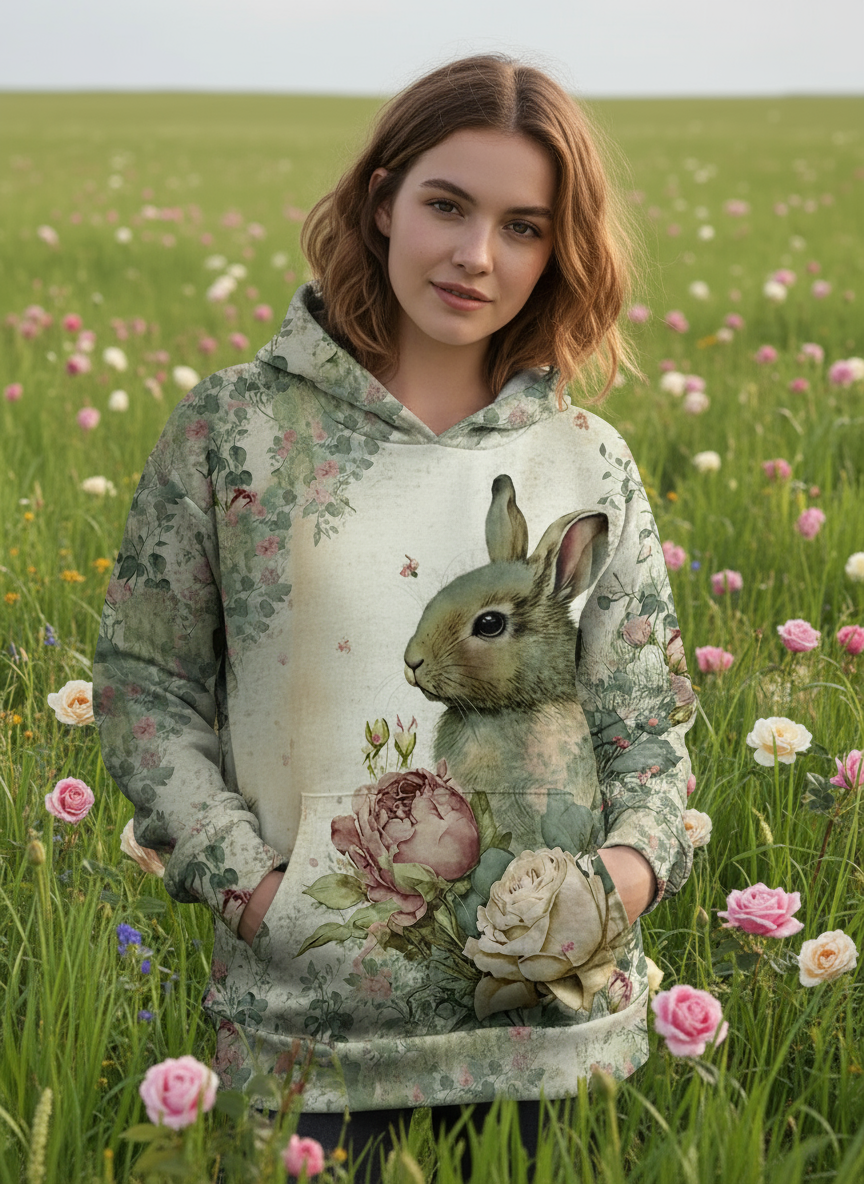 Floral Rabbit 3D Print Hoodie for Women – Oversized Loose Fit Casual Sweatshirt | All Season Comfort | Y2K Harajuku Style