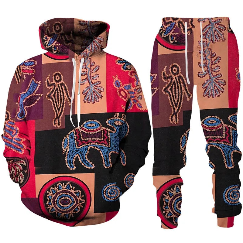 Ethnic Patterns 3D Print Tracksuit – Stylish Unisex Hoodie & Trousers Set [SELECTION]