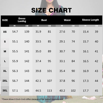 Size chart for the women’s 3/4 sleeve maxi dress, showing measurements for XS to XXXL in inches and centimeters.
