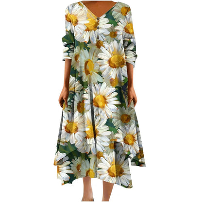 Irregular Hem Floral Maxi Dress – V-Neck Full Sleeve Ankle-Length for Women