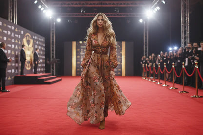 Bohemian Floral Maxi Dress – Vintage V-Neck Embroidered Print Long Sleeve Gown | High-Waist A-Line Robe for All Seasons