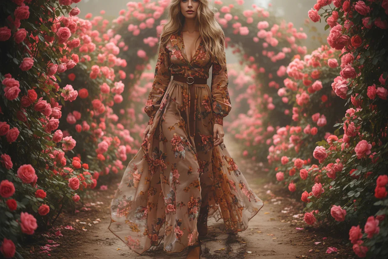 Bohemian Floral Maxi Dress – Vintage V-Neck Embroidered Print Long Sleeve Gown | High-Waist A-Line Robe for All Seasons