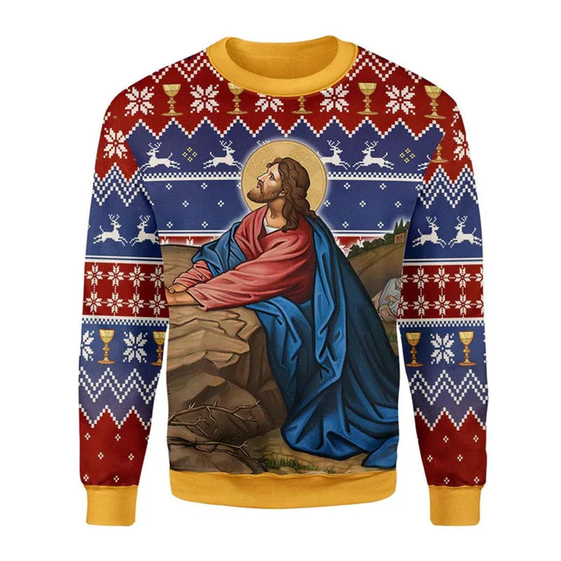 2.Retro Christian 3D Printed Sweatshirt for Men – Faith Streetwear Pullover with Religious Art, O-Neck Knit Sweater for Daily Wear – Plus Size XS-6XL