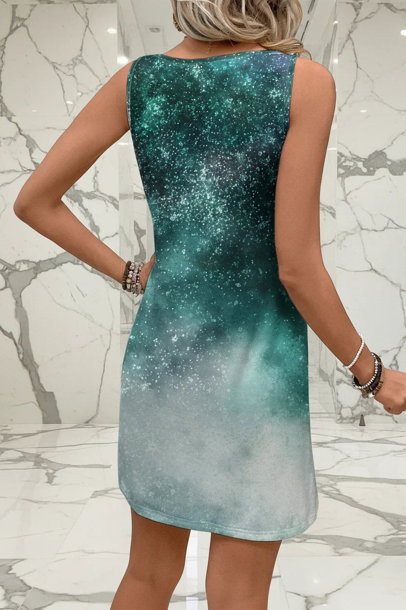 Starlight Geometric Summer Dresses for Women – Sleeveless O-Neck Knee-Length Casual Floral Print Polyester Dress – Loose Fit, Slight Stretch, Perfect for Beach & Vacation (S-XXXL)