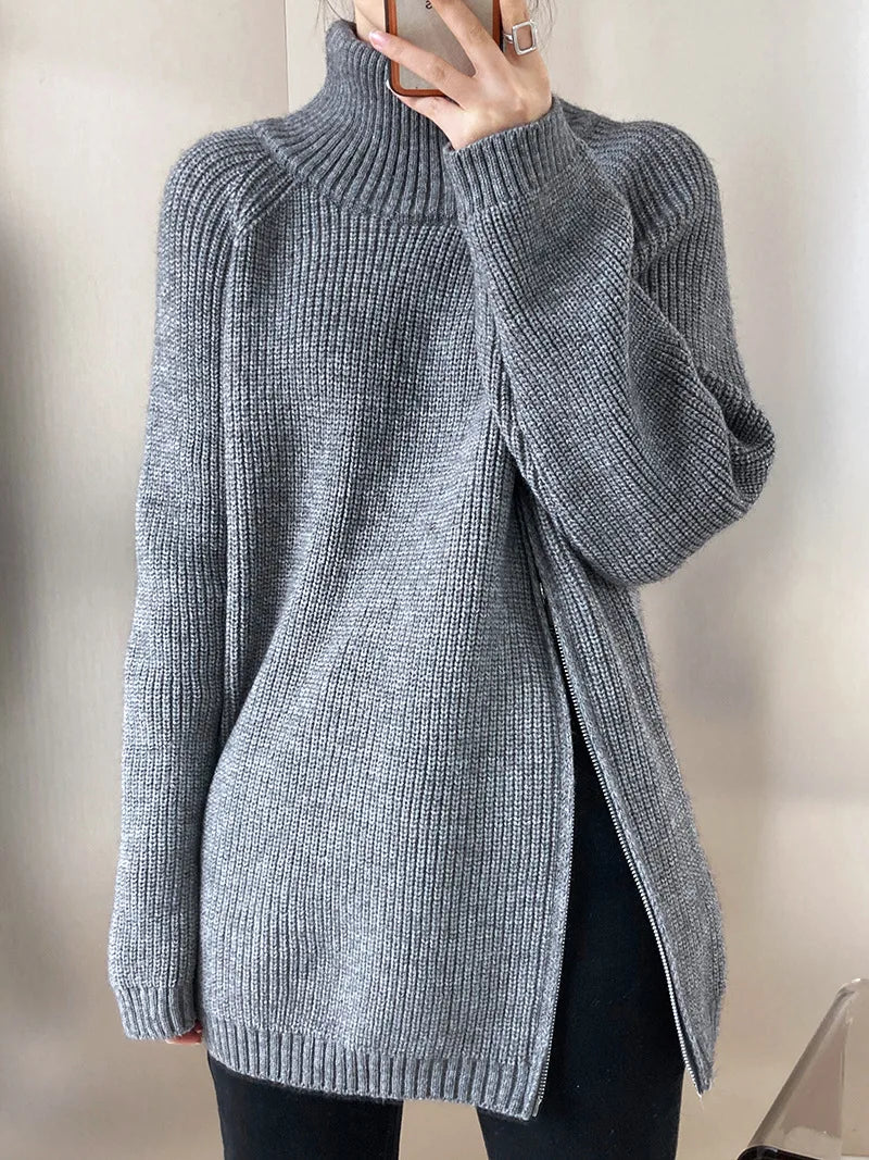 Zipper Solid Colour High-End Knitted Sweater - Loose Long-Sleeve Warm Outerwear Top for Fashion