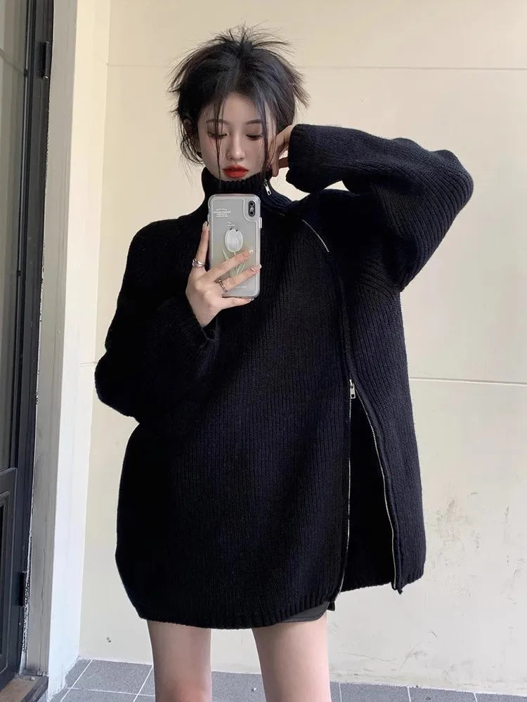 Zipper Solid Colour High-End Knitted Sweater - Loose Long-Sleeve Warm Outerwear Top for Fashion