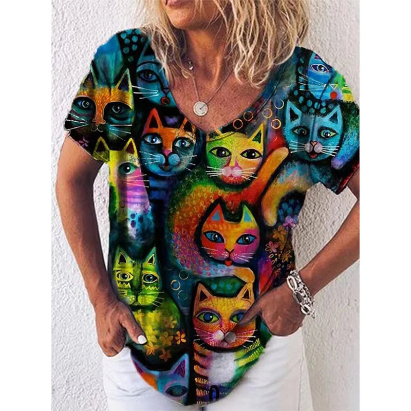 3.Chic & Playful 3D Cat Print T-Shirts - ALOE WINGS STORE