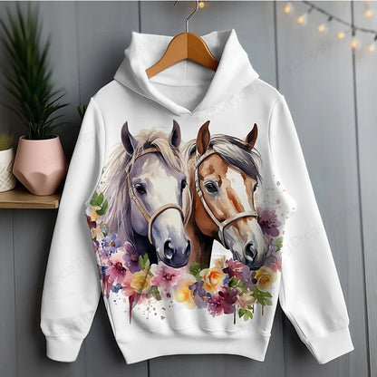 Two horses facing each other on white hoodie — romantic, artistic animal print.