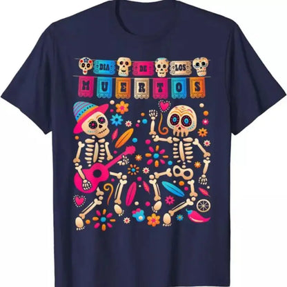 Navy cotton t-shirt with colorful dancing skeletons and 'Día de los Muertos' print for Mexican Day of the Dead celebration