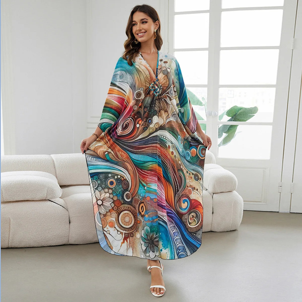 1. Maxi Kaftan Beach Dresses for Women – Artistic Summer Robe with Bold Prints