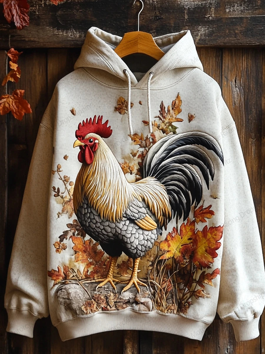 Rooster with colourful feathers and floral background on dark hoodie — funny, unique animal design