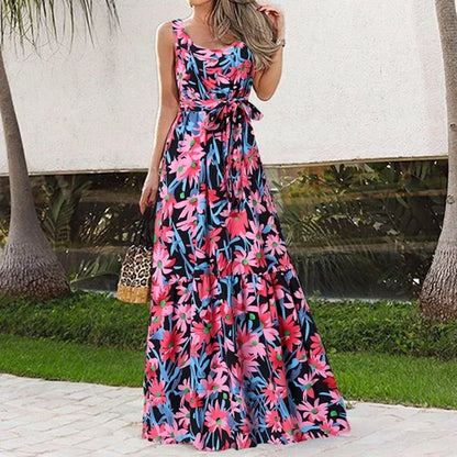 Boho Floral Sleeveless Maxi Dress | Summer Beach Party Swing Sundress for Women | Tropical Geometric Print Long Dress