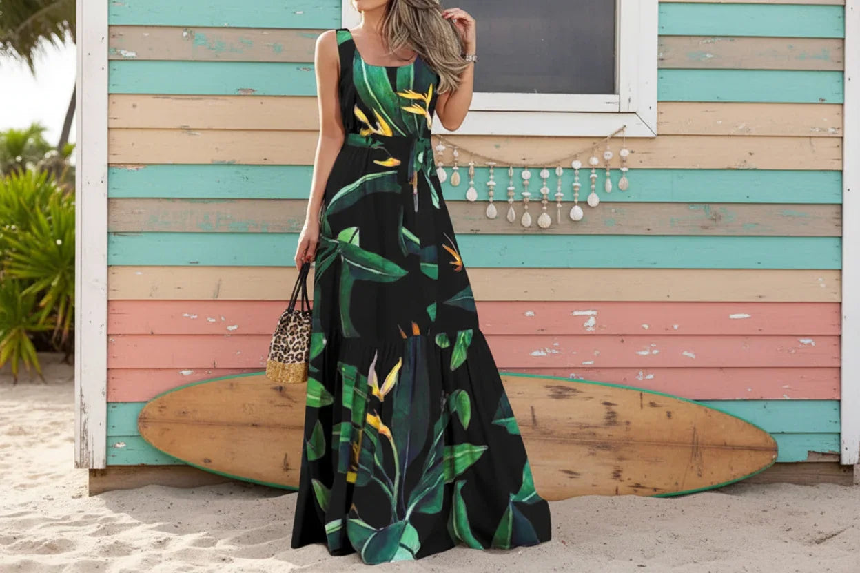 Boho Floral Sleeveless Maxi Dress | Summer Beach Party Swing Sundress for Women | Tropical Geometric Print Long Dress