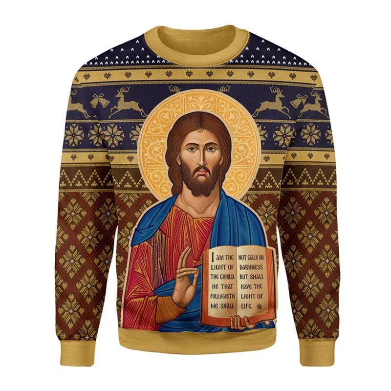 2.Retro Christian 3D Printed Sweatshirt for Men – Faith Streetwear Pullover with Religious Art, O-Neck Knit Sweater for Daily Wear – Plus Size XS-6XL