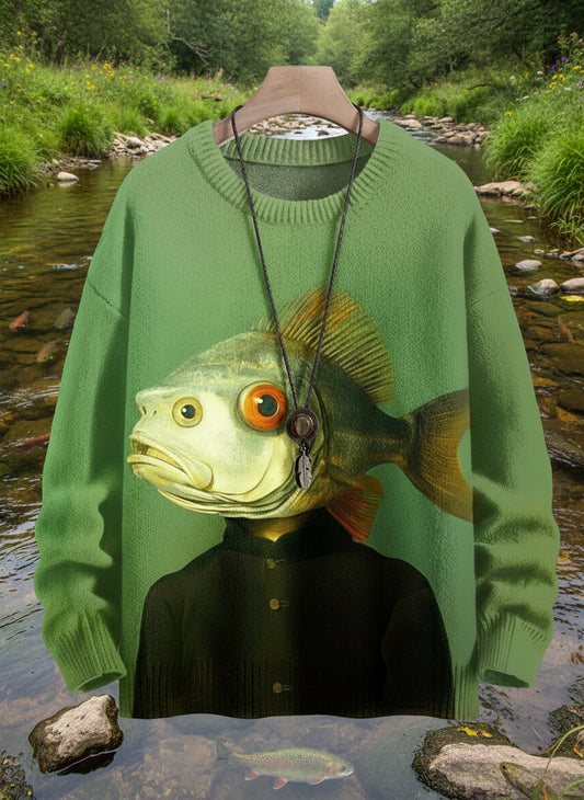 Green 3D printed Halloween sweater featuring a surreal fish head on a human body