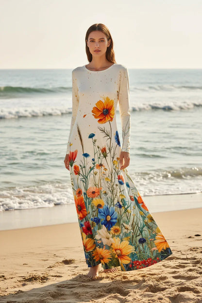 Boho Floral Maxi Dress for Women – Elegant Long Sleeve Spring Garden Party Gown, Casual Loose Fit O-Neck Sun Dress