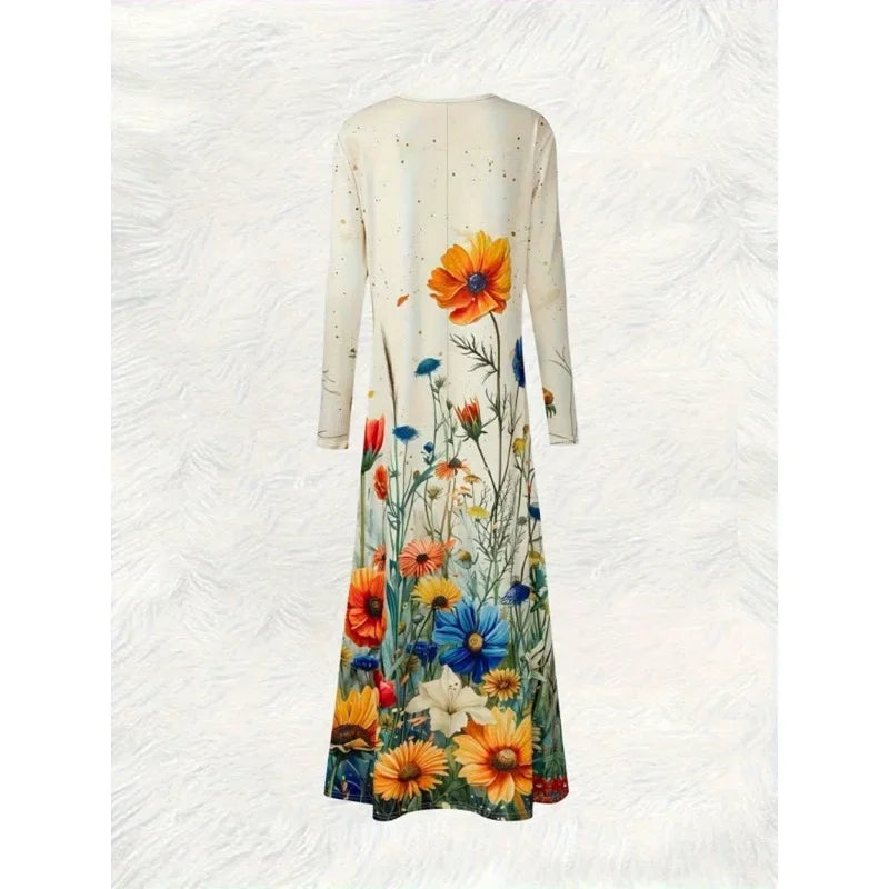 Boho Floral Maxi Dress for Women – Elegant Long Sleeve Spring Garden Party Gown, Casual Loose Fit O-Neck Sun Dress