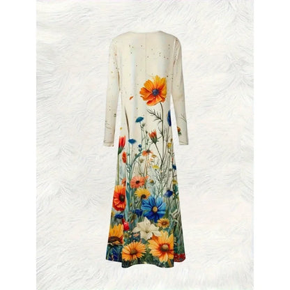 Boho Floral Maxi Dress for Women – Elegant Long Sleeve Spring Garden Party Gown, Casual Loose Fit O-Neck Sun Dress