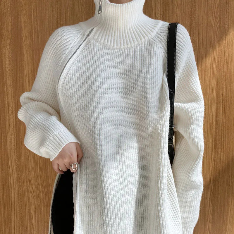 Zipper Solid Colour High-End Knitted Sweater - Loose Long-Sleeve Warm Outerwear Top for Fashion