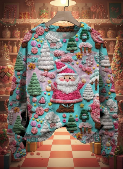 Colorful 3D Christmas sweater with Santa, trees, gifts, and candy canes