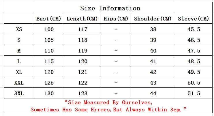 Detailed size information table showing dress length in centimeters and inches for sizes XS to XXXL.