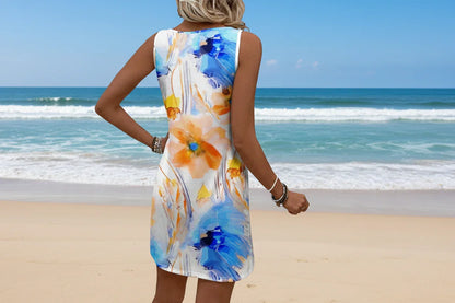 Starlight Geometric Summer Dresses for Women – Sleeveless O-Neck Knee-Length Casual Floral Print Polyester Dress – Loose Fit, Slight Stretch, Perfect for Beach & Vacation (S-XXXL)