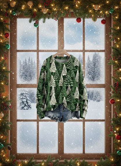 Green Christmas tree patterned sweater hanging by snowy window