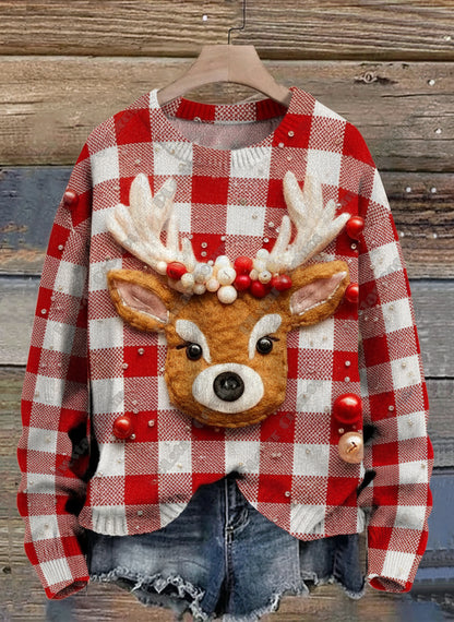 Red plaid 3D printed sweater with fluffy reindeer head appliqué