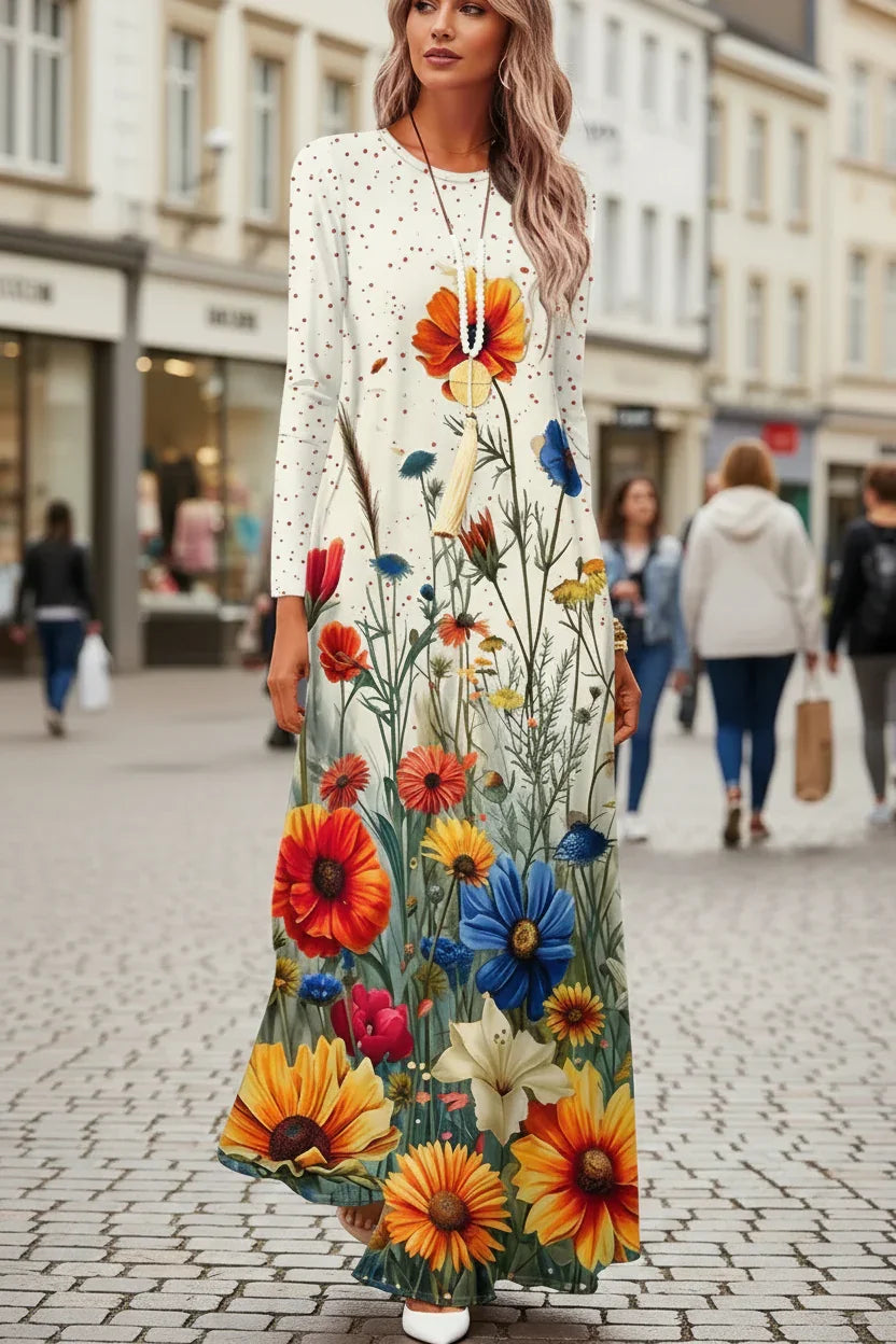 Boho Floral Maxi Dress for Women – Elegant Long Sleeve Spring Garden Party Gown, Casual Loose Fit O-Neck Sun Dress
