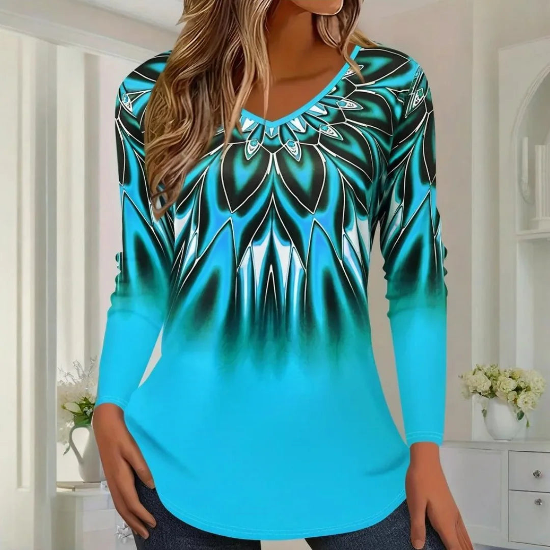 Vintage Striped Long Sleeves Tops for Women – All-Season Casual V-Neck Top, Slight Stretch Polyester Tee, Festival & Folk Style, True to Size