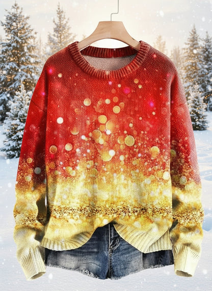 Red gradient 3D printed ugly Christmas sweater with golden dots and snowflake hem