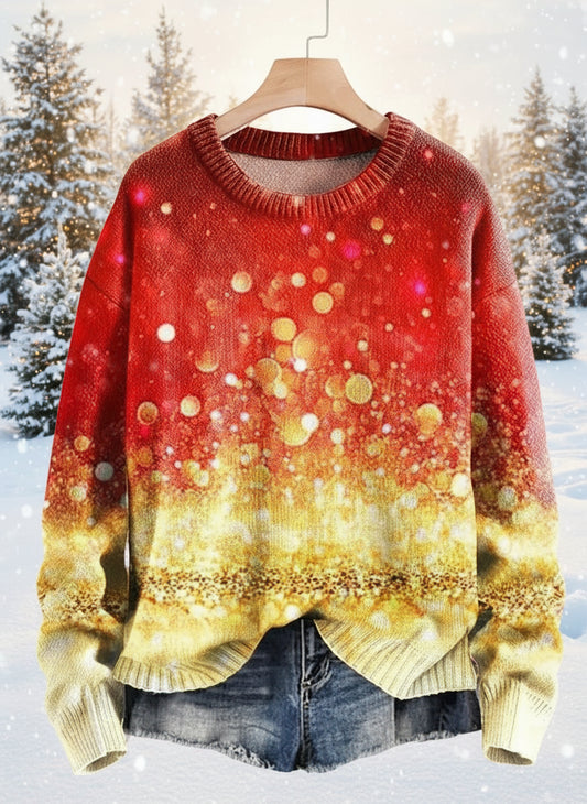 Red gradient 3D printed ugly Christmas sweater with golden dots and snowflake hem