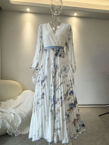 Spring Summer Boho Maxi Dress for Women – V-Neck Floral Print, Long Sleeve A-Line Swing Dress with Belt | Perfect for Beach, Wedding Guest & Vacation