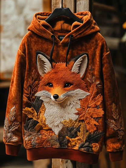 Fox face print hoodie in orange and brown tones — autumn-themed, cosy, and trendy