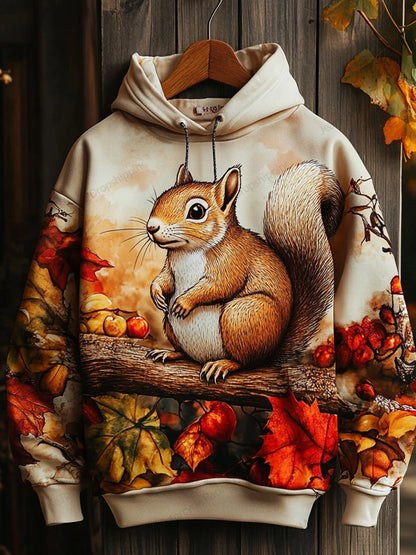 Squirrel sitting on a log with red leaves — warm-toned hoodie perfect for fall