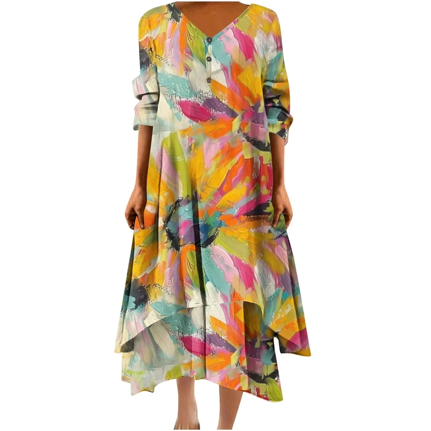 Irregular Hem Floral Maxi Dress – V-Neck Full Sleeve Ankle-Length for Women