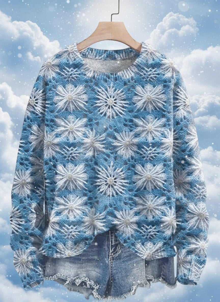Blue snowflake 3D printed sweater against cloudy sky background