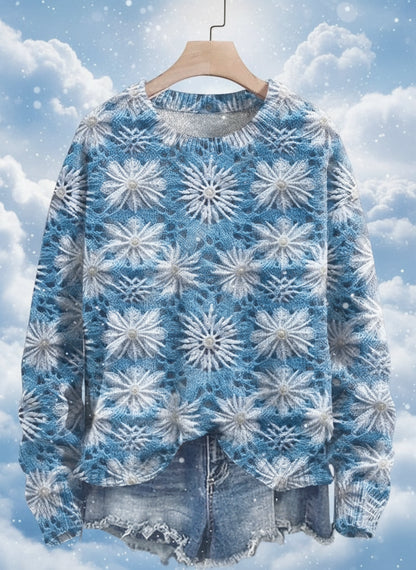 Blue snowflake 3D printed sweater against cloudy sky background