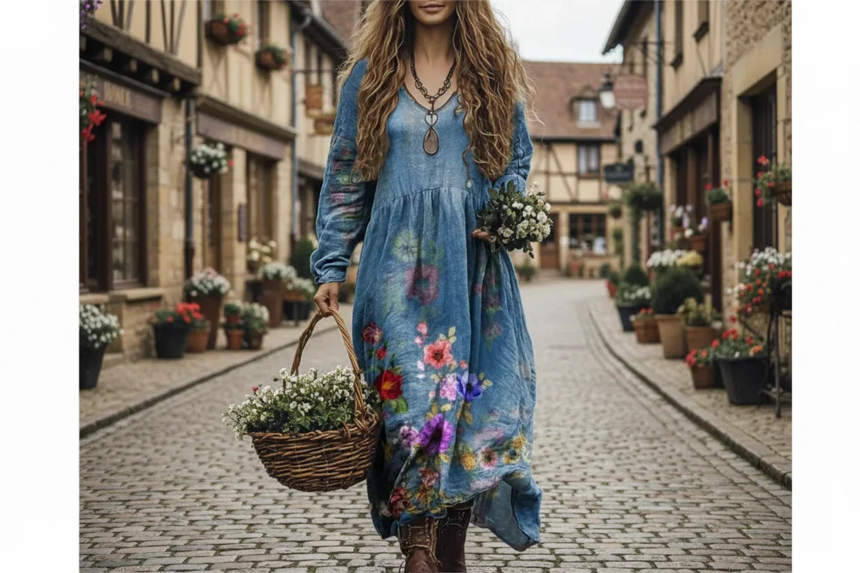 Boho Celestial Vintage Maxi Dress - Long Sleeve V-Neck Empire Waist A-Line Gown | Ethereal Streetwear & Festival Vestidos