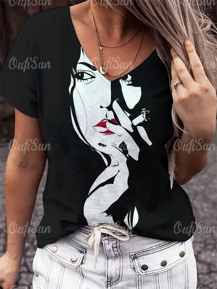 Woman Face Shape Fashion Short Sleeve T-Shirt [SELECTION] - ALOE WINGS STORE