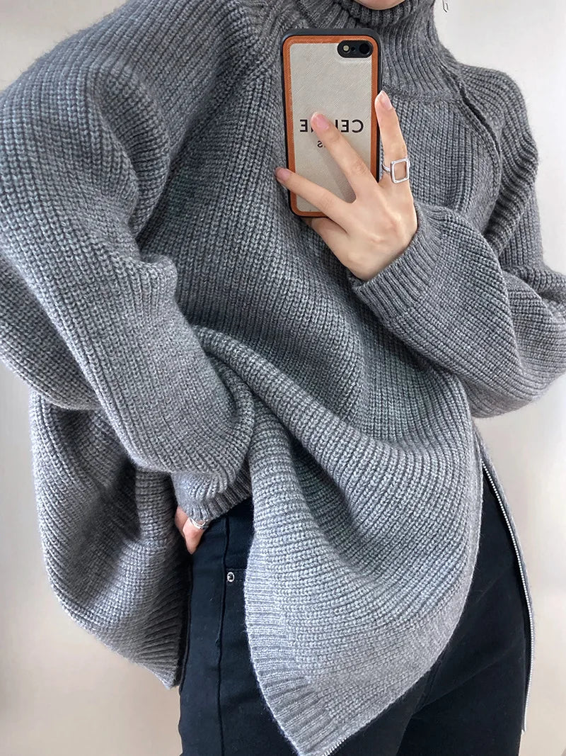 Zipper Solid Colour High-End Knitted Sweater - Loose Long-Sleeve Warm Outerwear Top for Fashion