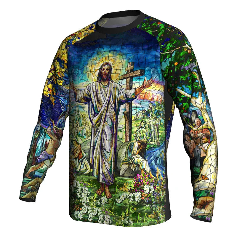 Religious Cycling Jersey – Stained Glass Jesus & Virgin Mary Long Sleeve MTB Bike Shirt for Men & Women | Breathable, Quick-Dry, Unisex Church Wear for Mountain Biking & Road Cycling